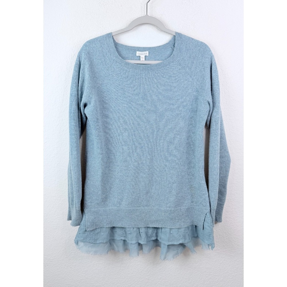 Garnet Hill 100% Cashmere Sweater Sz M Blue Flounce Trim Round Neck Quiet Luxury